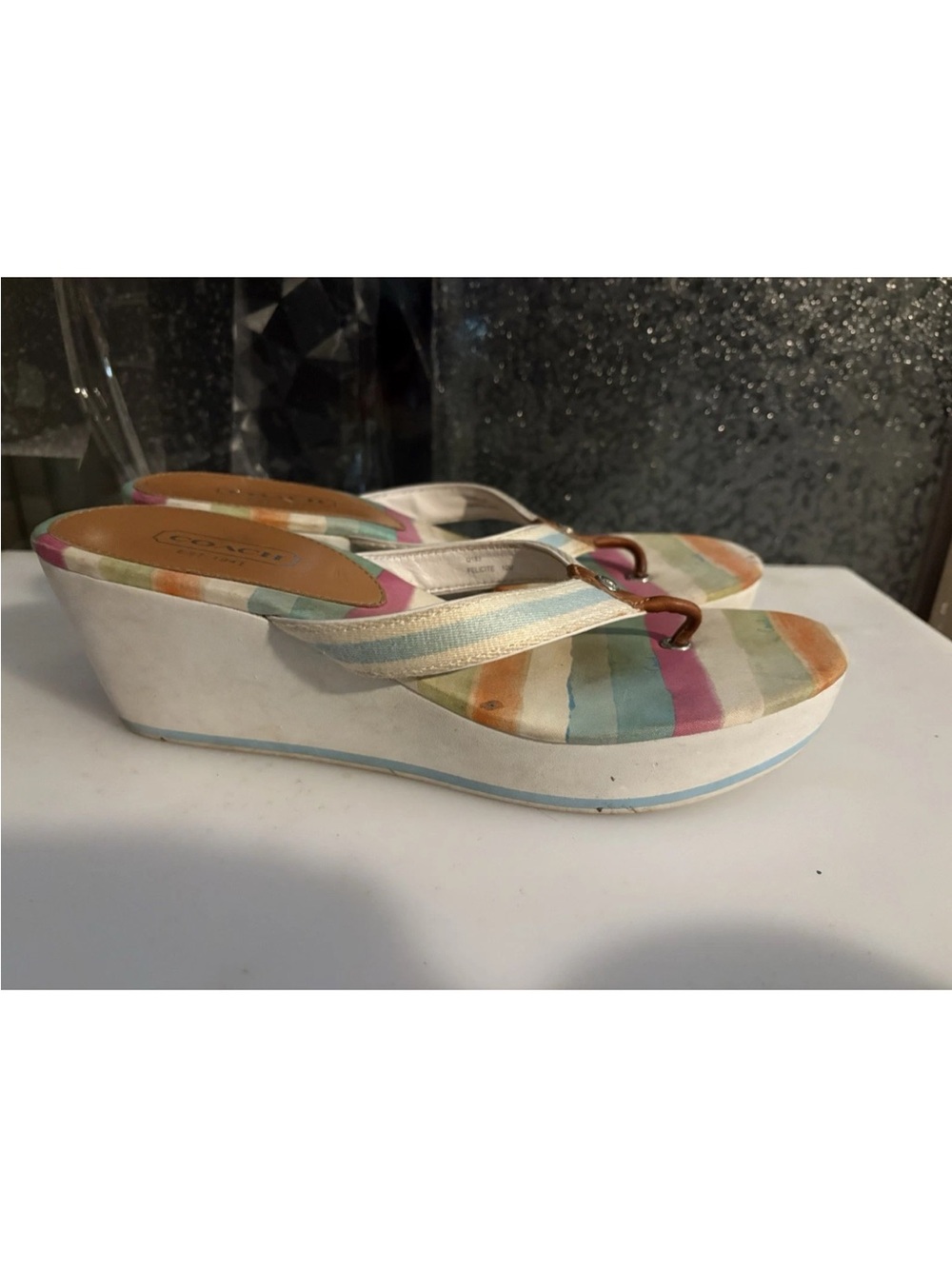Coach Rainbow Stripe Wedge Sandals Size 10 | Y2K Platform Flip Flops Multicolor
